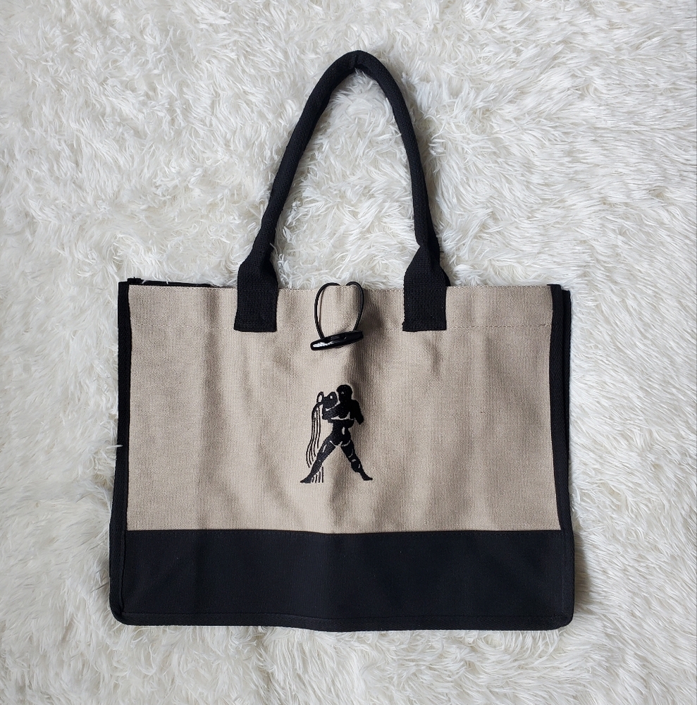 Large Aquarius Zodiac Sign Canvas Embroidered Tote Bag Grocery Shopping Bag - Picture 3 of 11